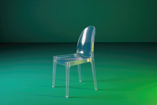 A sleek, transparent ghost chair stands on a vibrant gradient green background, showcasing modern minimalist furniture design and clear acrylic aesthetics.