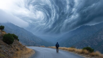 Obraz premium Backpacker on the road watching epic storm concept. A lone figure walks along a road under swirling storm clouds.