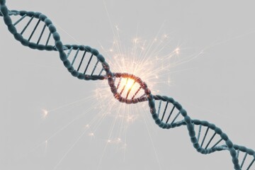 A dynamic 3D DNA strand with a glowing, sparking center, representing genetic research, breakthroughs, energy, or molecular interaction.