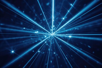 Glowing blue light rays and sparkling points radiate from a central source, creating a dynamic abstract background depicting digital connectivity and energy flow.