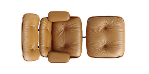 Aerial view of brown leather chair and ottoman on black background