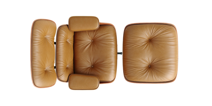 Aerial view of brown leather chair and ottoman on black background
