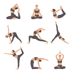 Yoga positions girl in grey sport suit practicing yoga and meditation flat illustration