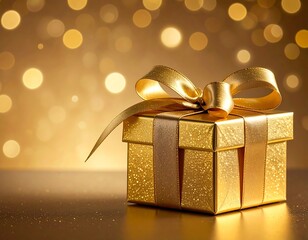 A beautifully wrapped gift box, adorned with a gold ribbon and bow