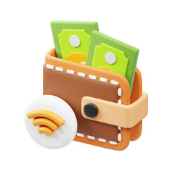 Isometric 3D Rendered Wallet with Money and Wireless Payment Symbol Icon