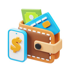 Cartoon Style 3D Wallet with Money and Phone Icon Illustration