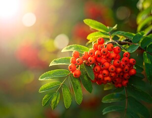 A close-up of vibrant red berries on a branch, bathed in sunlight