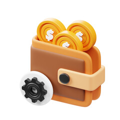 3D Rendered Detailed Wallet with Gold Coins and Gear Icon