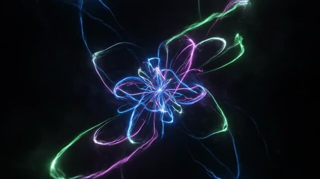 Mesmerizing abstract light trails create continuous looping patterns in a dark, atmospheric void fantasy, background, artistic