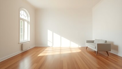 Minimalist living room with clean white walls and warm wood flooring, featuring mid-century modern furniture and soft natural light.