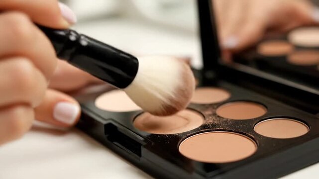 Hand Holding Makeup Brush over Powder Palette on Vanity Table