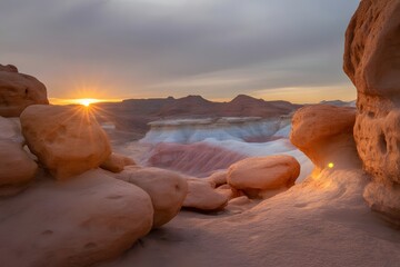 Dramatic desert landscape at sunrise with vibrant orange rock formations and a soft pastel sky creating a serene and breathtaking natural vista
