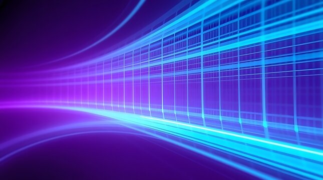 Abstract background with blue light streaks and grid pattern on a purple and blue gradient surface