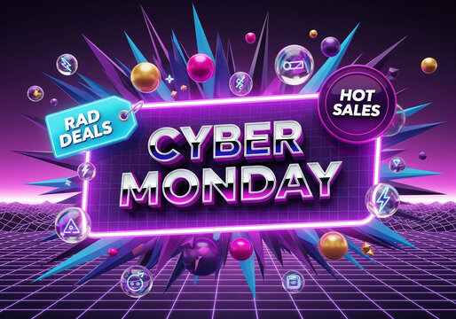 modern cyber monday sale banner with neon futuristic design and 75 percent discount offer