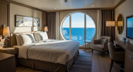 Cruise cabin interior bed, porthole, ocean view