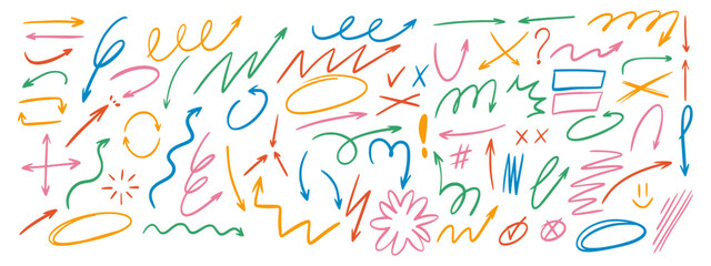 Hand drawn arrows with doodle elements, speech bubbles, crosses, and underline elements. Fun kids marker style.