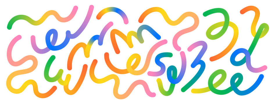 Rainbow wave line set. Abstract liquid swirl shapes with gradient flow for modern kid designs. Squiggly vector elements.