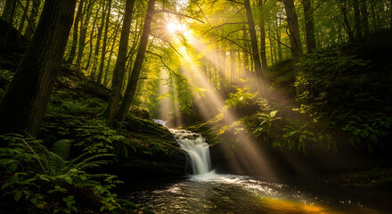 Obraz premium Sunlit Forest Waterfall: Enchanted Creek with Dappled Light Through Tall Trees