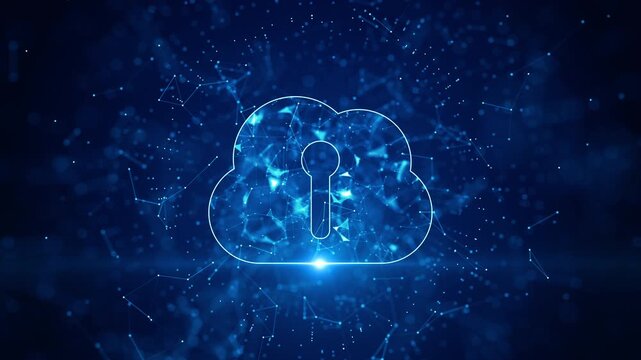 Cloud Computing Security Concept with Lock Icon in Digital Network Background. Animation 4K. 3D Rendering
