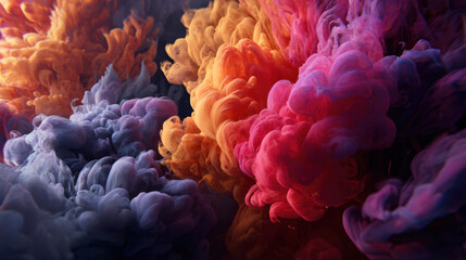 Captivating abstract background showing vibrant explosion of ink. Fluid and dynamic smoke billows in mix of orange purple and blue creating an ethereal texture for design