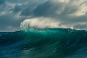Powerful ocean wave crashing with white foam against a dramatic cloudy sky showcasing the raw energy and beauty of the sea