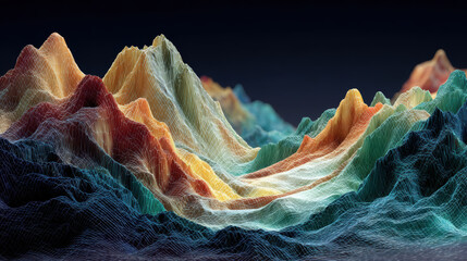 Captivating abstract background showing futuristic digital landscape. This mountain topography visualization presents complex and beautiful surface with flowing colors