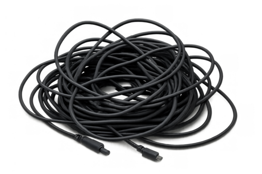 Black tangled electrical cable and wires, creating a messy power connection, transparent background