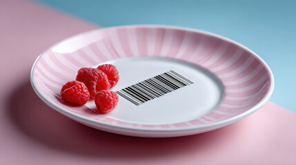 Conceptual image of pink plate with raspberries and barcode highlights modern food security crisis representing consumerism price and cost of sustenance