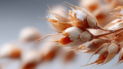 Macro detail of dry wheat ear illustrates concerns over poor harvest. This fragile grain symbolizes potential global food security crisis and agricultural supply issue