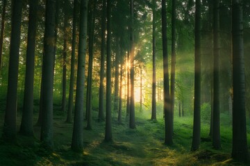 Sunlight streams through tall dense evergreen trees in a dark mystical forest creating a magical ethereal atmosphere with dappled light on the forest floor