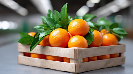 Fresh orange fruit with green leaf in wooden crate represents global food security and agriculture. This harvest symbolizes healthy eating and organic produce for vitality