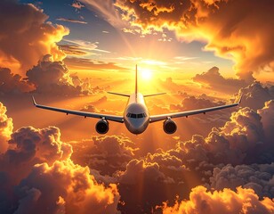 A passenger airplane flying high above the fluffy orange and gold clouds