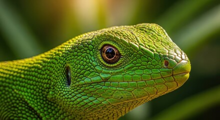 Fototapeta premium Detailed macro shot of a bright green lizard head in soft focus