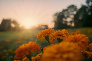 Golden marigold flowers bloom vibrantly in a soft focus field at sunrise with warm sun rays illuminating the scene creating a peaceful and serene natural landscape