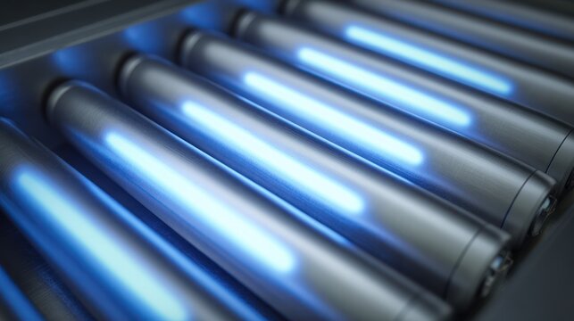 Close-up view of several cylindrical objects with a blue glow emanating from them