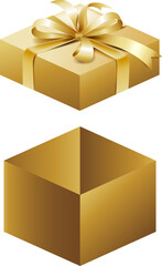 Elegant 3D gift boxes with golden ribbons and festive bows.