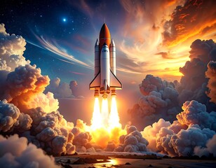 A rocket ascends into a vibrant sunset sky, surrounded by voluminous clouds