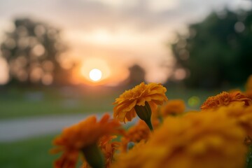 Golden hour sunset casting a warm glow over a field of vibrant orange marigolds with soft focus trees in the background creating a serene and peaceful natural landscape