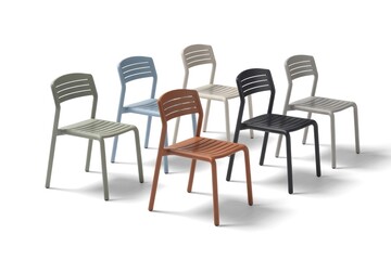 Obraz premium Collection of seven contemporary chairs in diverse colors, featuring a sleek, slatted design for versatile indoor-outdoor use.