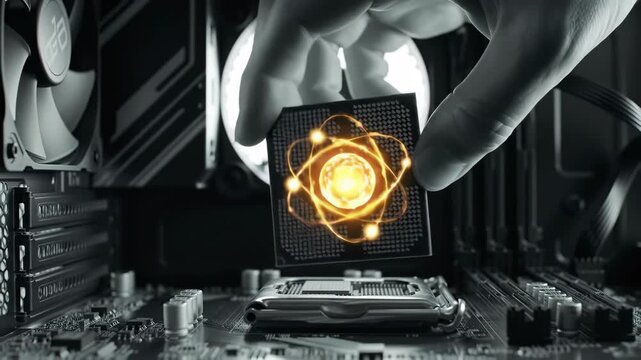 Hand Installing CPU Microprocessor with Abstract Atom Symbol in Computer