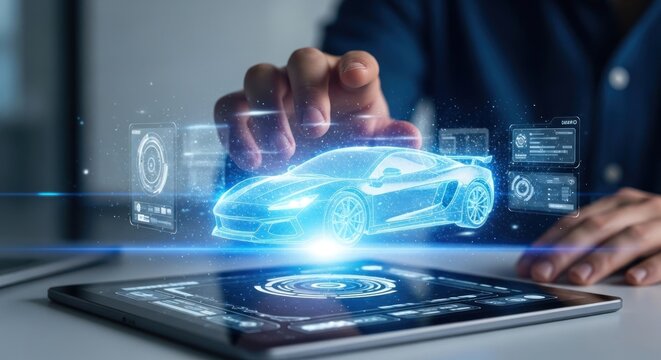 Digital car hologram over tablet held by person in blue shirt