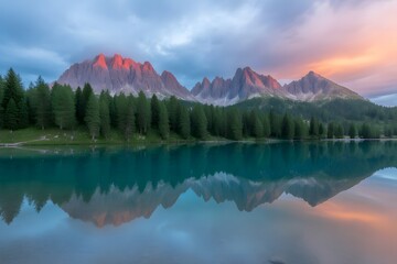 Majestic mountain peaks bathed in the warm glow of sunset reflected perfectly in the calm turquoise waters of a serene alpine lake surrounded by a dense forest of evergreen trees