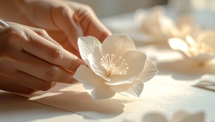Creative Hands Making a Beautiful Paper Flower Using Craft Tools — Artistic composition featuring delicate paper art and design in soft lighting, ideal for DIY, handmade, or artistic themes.
