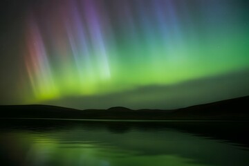 Vibrant aurora borealis dances across the night sky painting the clouds with ethereal green and purple hues reflected in the calm water below