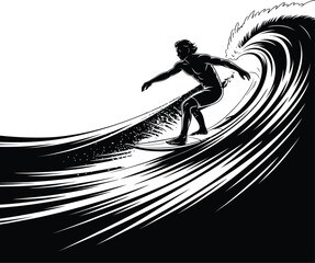 Surfer Riding a Crashing Wave in Striking Vector Art