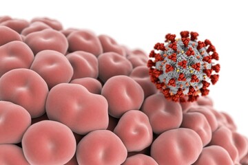 A 3D rendering of the SARS-CoV-2 virus (COVID-19) near human red blood cells, symbolizing infection and microscopic biological threat.