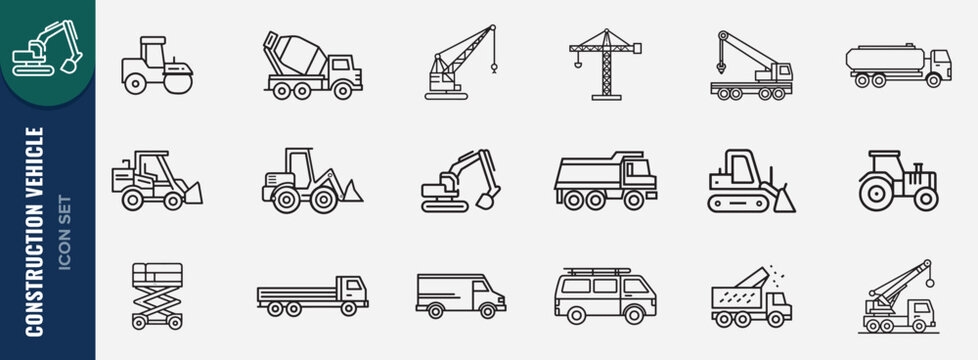 Set of Construction vehicle icons. Line art icon of truck, crane, loader, excavator, bulldozer illustration. icons symbolize modern engineering and industrial work.