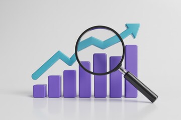 Data analysis for growth: Magnifying glass over ascending purple bars and an upward blue line chart, indicating positive trends.
