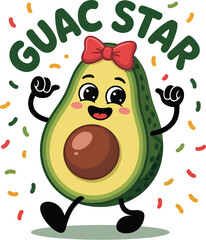 Fun Guac Star Avocado Cartoon Vector with Confetti