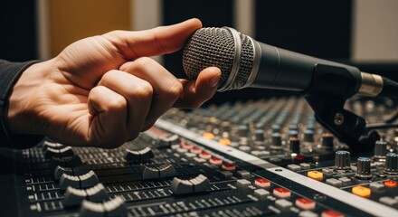 Hand adjusts microphone on soundboard in a recording studio, close-up